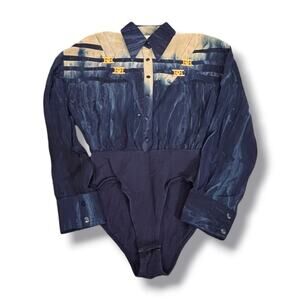 Vintage Cache 80s Blue Ombré Bodysuit Blouse Gold Greek Medallion Top Sheer Glam